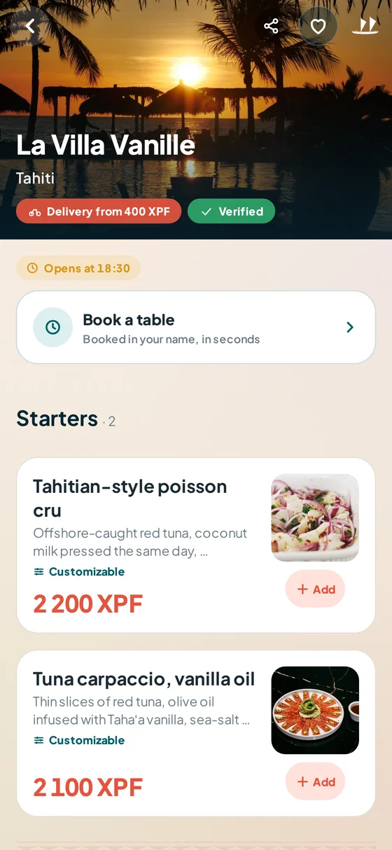 Menu of a fine-dining restaurant in the Fenua’p app