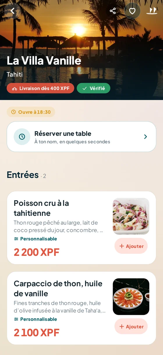 Carte d’un restaurant gastronomique dans l’app Fenua’p