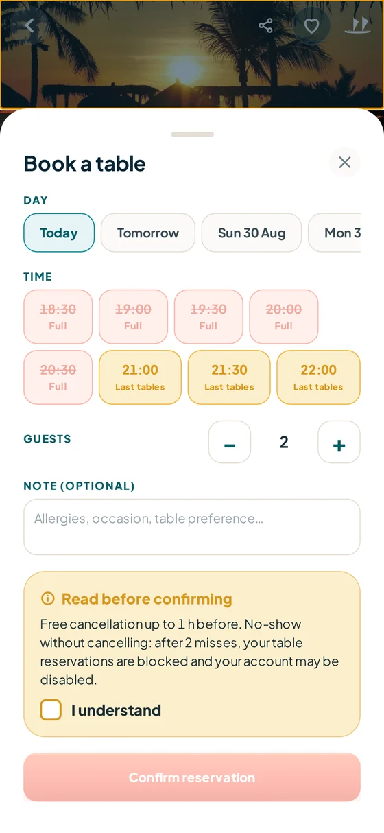 Booking a table: full slots and last tables