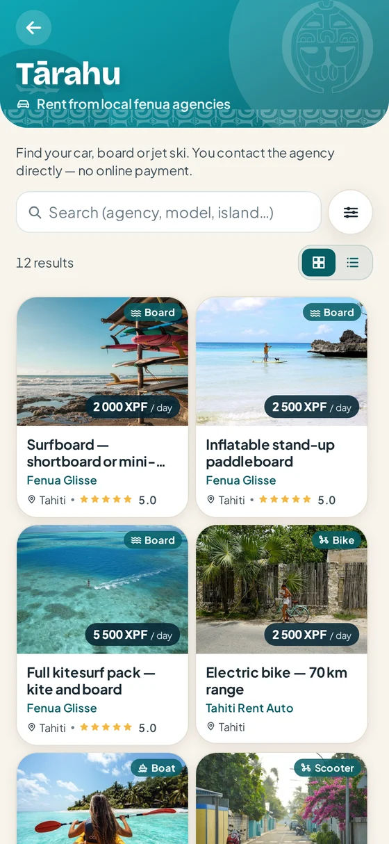 Rental catalogue in the Fenua’p app
