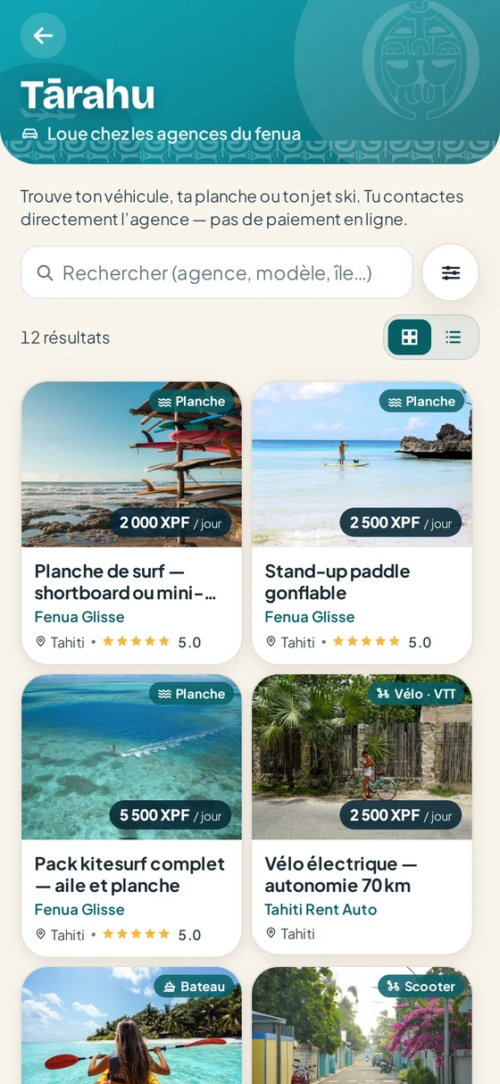 Catalogue de location dans l’app Fenua’p