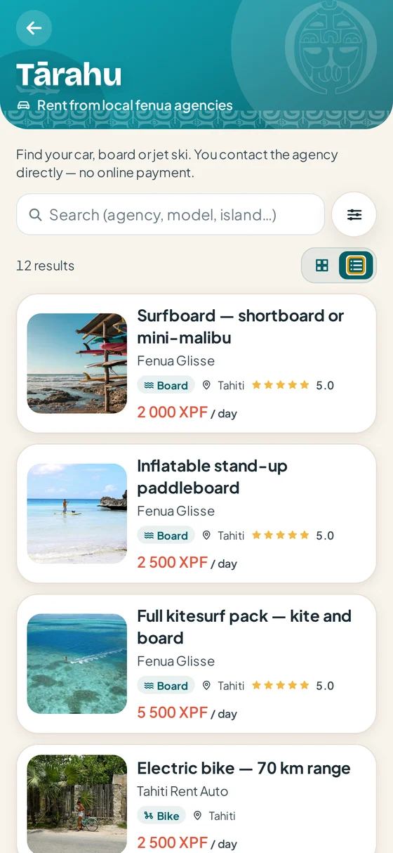 Rental catalogue in list view