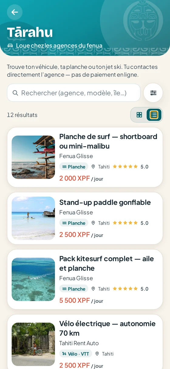 Catalogue de location en vue liste